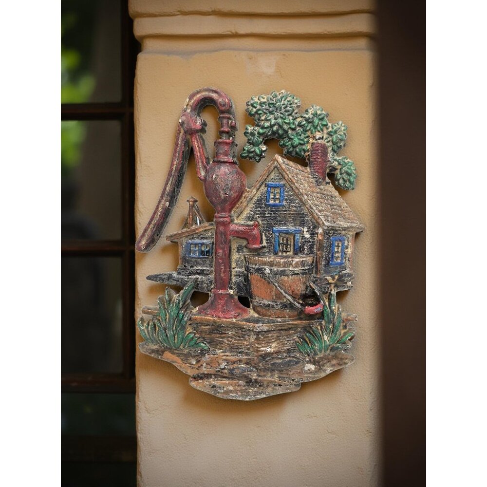 Vintage 1976 Sexton Hoda Metal Wall Plaque with water pump, Farmhouse, flowers,